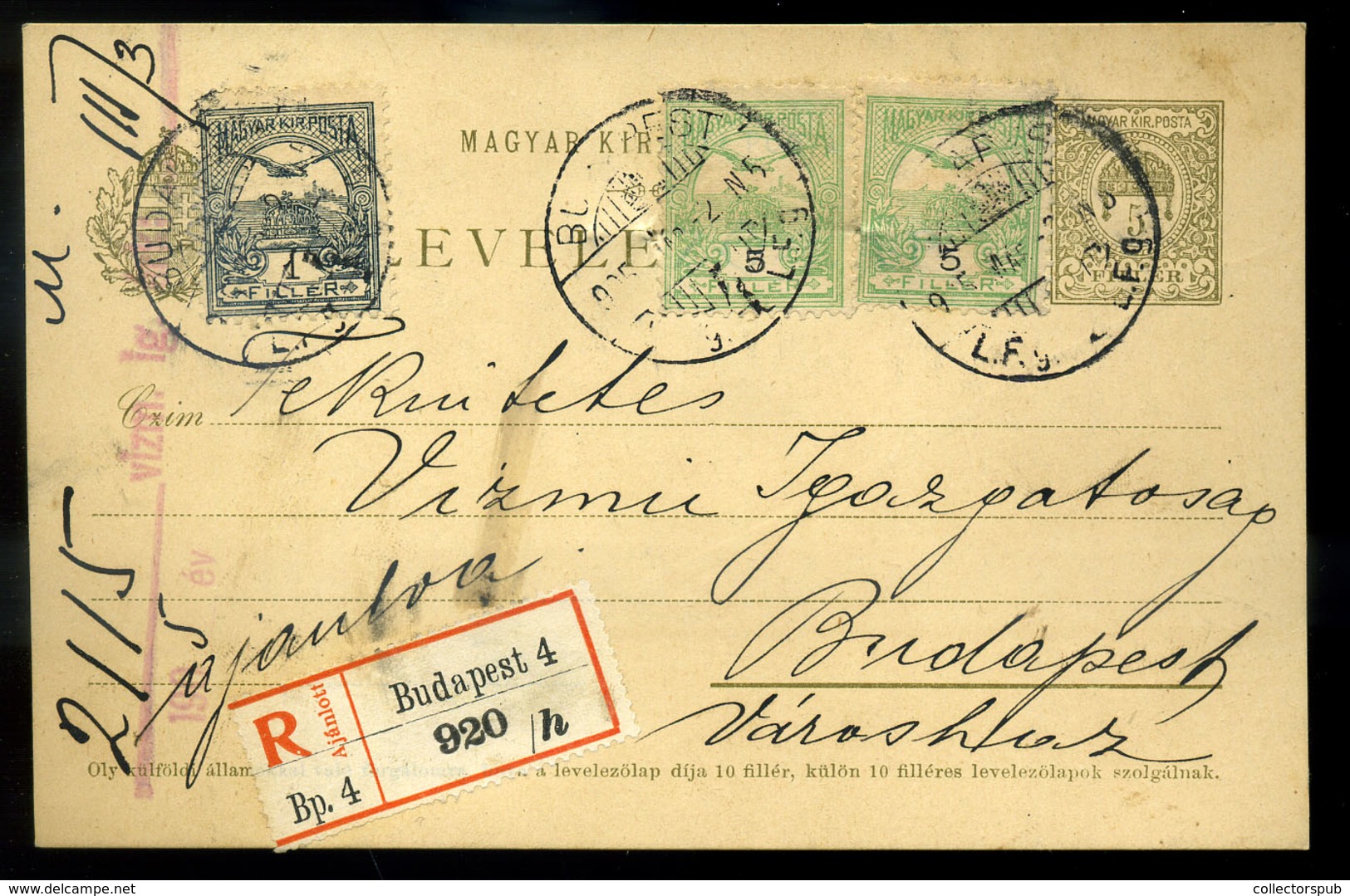 BUDAPEST 1905. Helyi Ajánlott Kiegészített Díjjegyes Levlap  /  1905 Local Reg. Uprated Stationery P.card - Gebruikt
