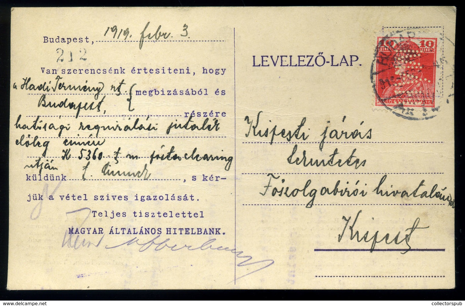 BUDAPEST 1918. Levlap Céglyukasztásos Bélyeggel  /  P.card Corp. Punched Stamp - Gebruikt
