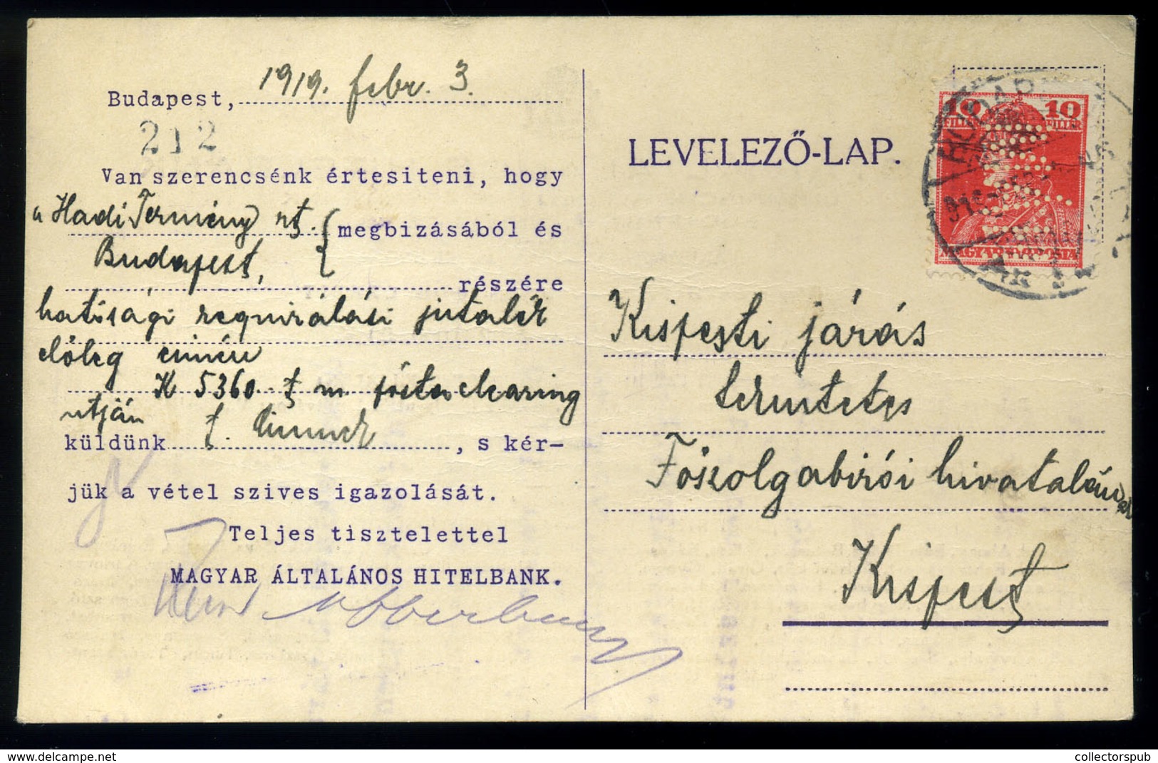 BUDAPEST 1918. Levlap Céglyukasztásos Bélyeggel  /  P.card Corp. Punched Stamp - Used Stamps