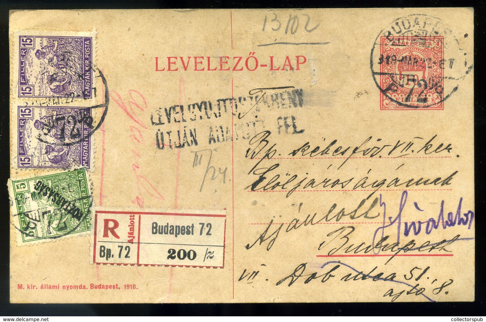 BUDAPEST 1919.03.22. Kiegészített ,helyi Ajánlott Díjjegyes Lap , Tanácsköztáarsaság 2. Nap.  /  1919.03.22. Uprated Loc - Used Stamps