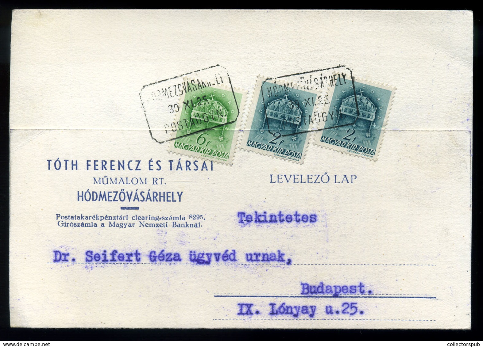 HÓDMEZŐVÁSÁRHELY 1939. Céges Levlap, Postaügynökségi Bélyegzéssel  /  1939 Corp. P.card Postal Agency Pmk - Brieven En Documenten