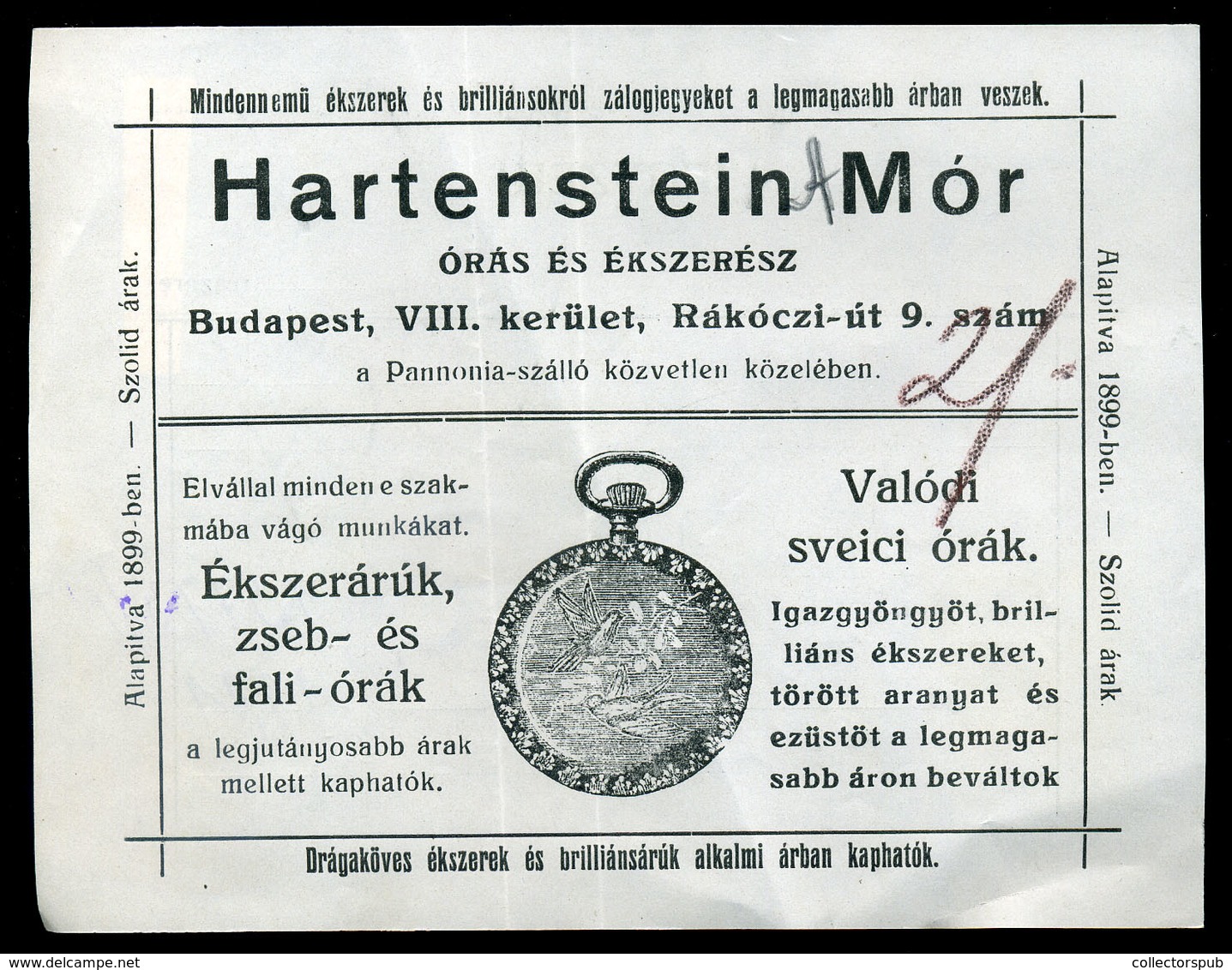 BUDAPEST 1921. Harsteiner Mór, Órás és ékszerész Céges Számla  /  Corp. Bill Watchmaker And Jeweler - Zonder Classificatie