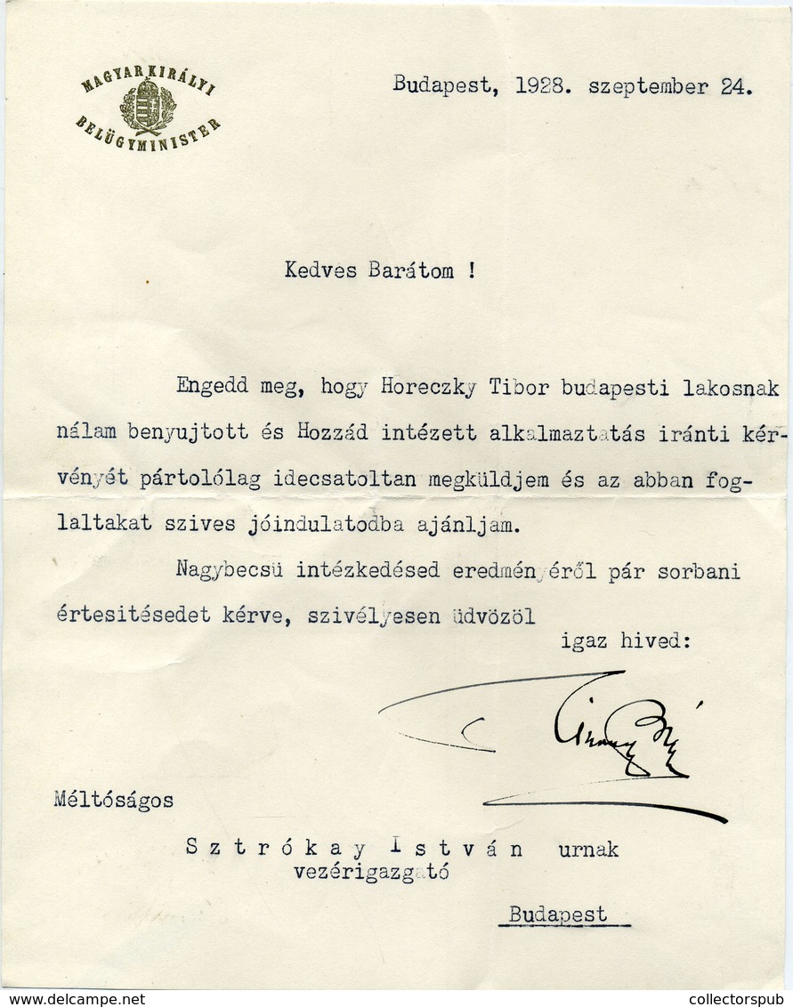 BUDAPEST 1928. Levél  Scitovszky Béla Belügyminiszter Aláírásával  /  Letter Signed By Minister Of The Interior Béla Sci - Unclassified