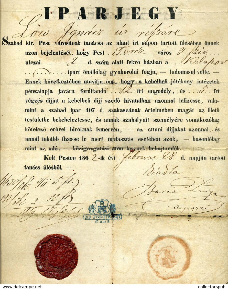 PEST 1862. Iparjegy Lőw Ignácz Kalapos Mester Részére  /  Industrial Ticket For Hat Maker Ignácz Lőw - Zonder Classificatie