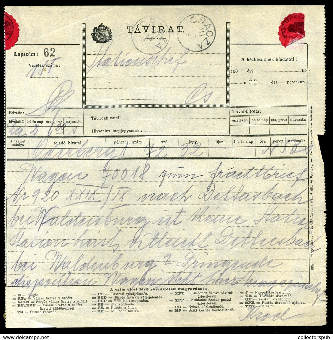 CSÁCZA 1911. Távirat Oderbergbe Küldve  /  Telegraph To Oderberg - Gebruikt