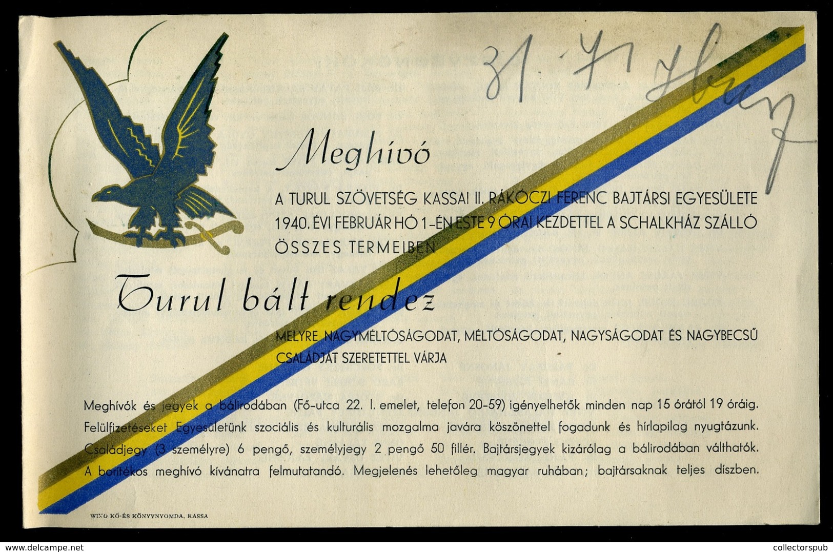 KASSA 1940. Turul Bál, Dekoratív Meghívó  /  Turul Ball Decorative Inv. - Unclassified