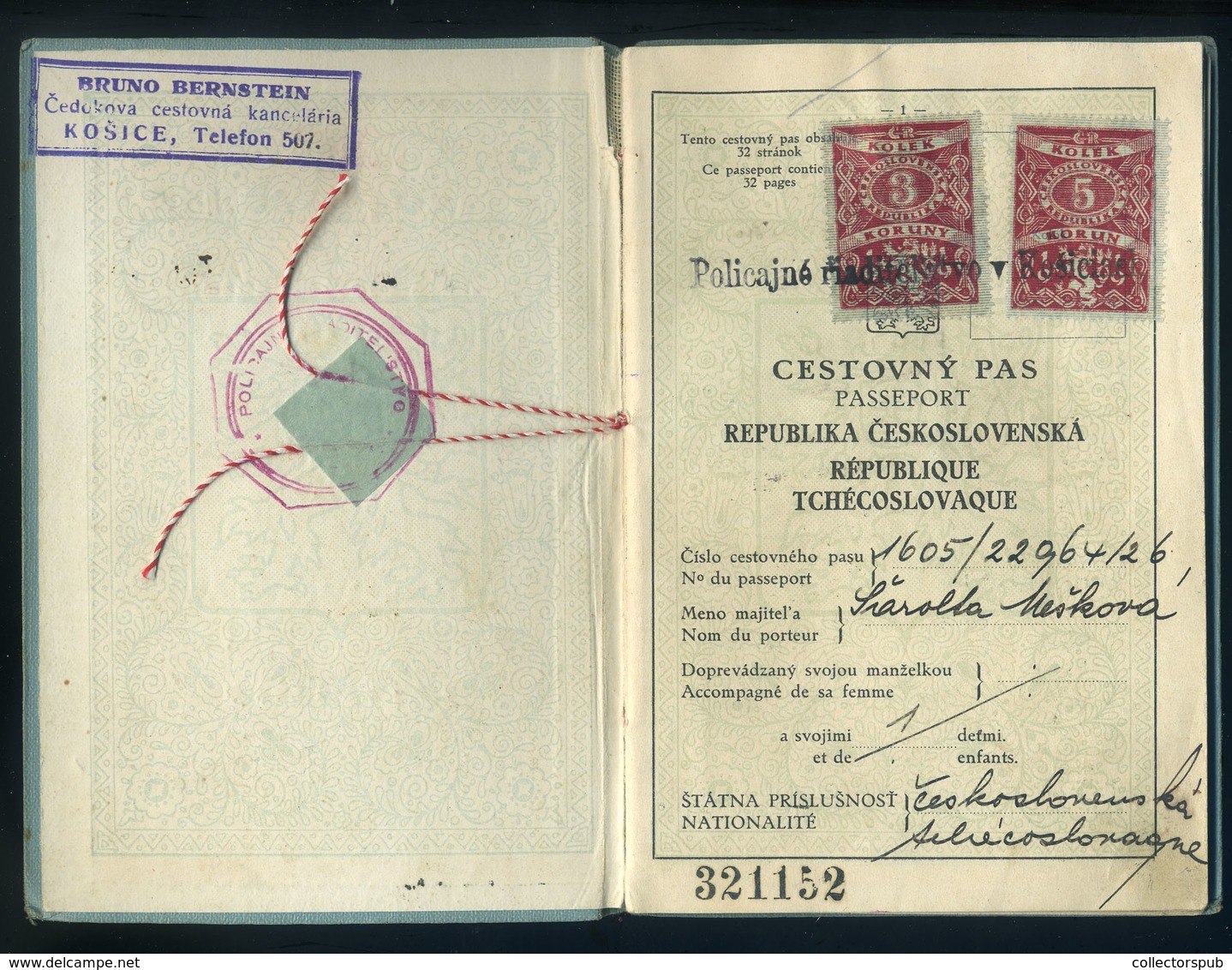 KASSA 1926 Csehszlovákia, Fényképes útlevél (2 Oldalon Konzuli Illetékbélyegek)  /  Czechoslovakia Photo Passport (consu - Zonder Classificatie