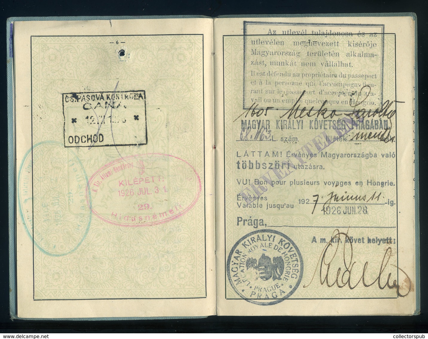 KASSA 1926 Csehszlovákia, Fényképes útlevél (2 Oldalon Konzuli Illetékbélyegek)  /  Czechoslovakia Photo Passport (consu - Zonder Classificatie