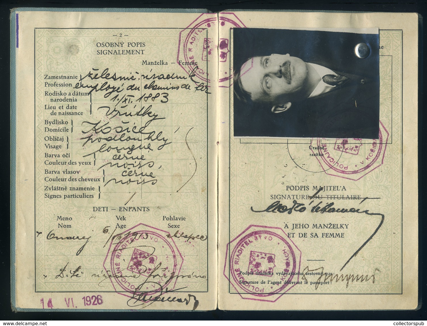 KASSA 1926 Csehszlovákia, Fényképes útlevél (2 Oldalon Konzuli Illetékbélyegek)  /  Czechoslovakia Photo Passport (consu - Unclassified