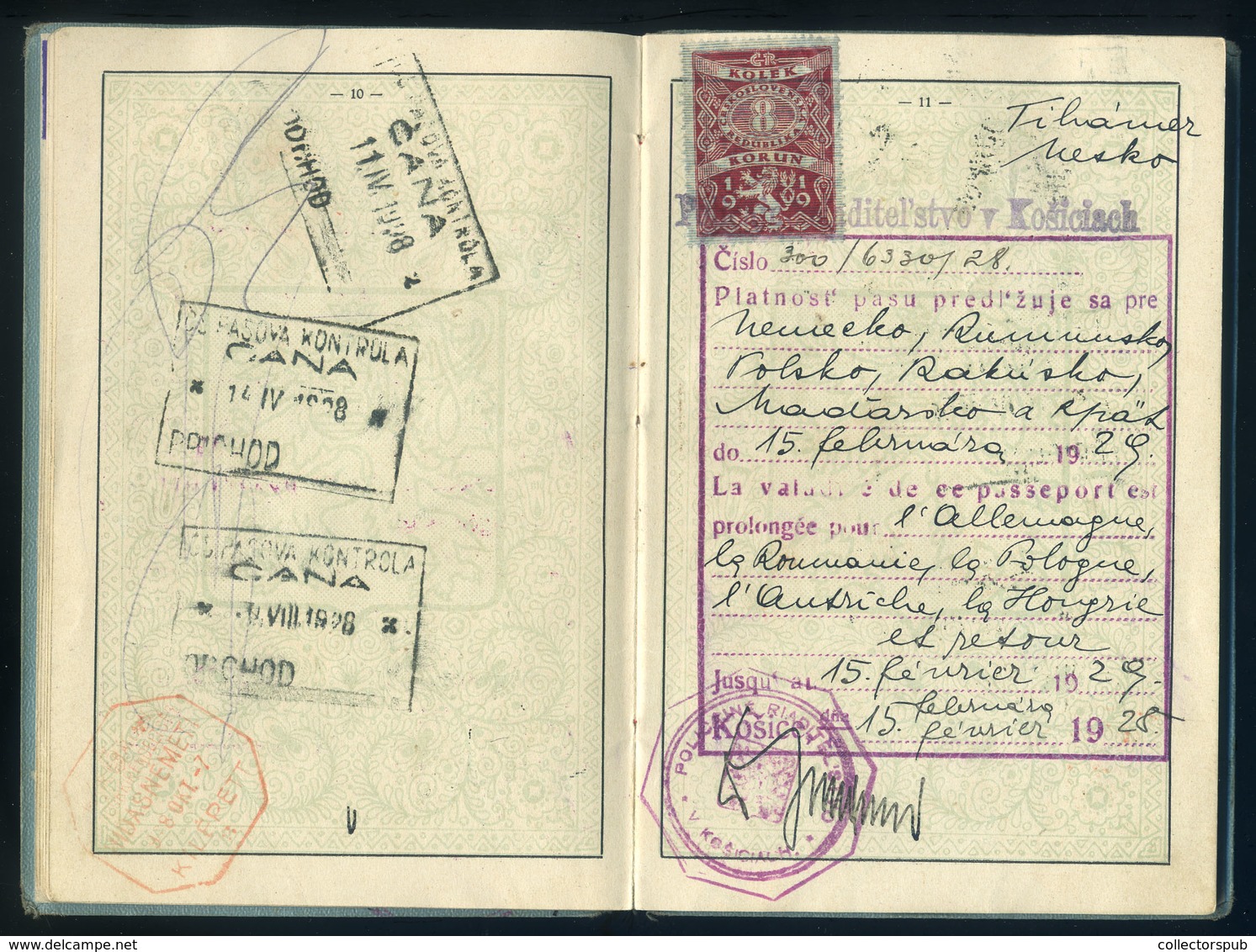 KASSA 1926 Csehszlovákia, Fényképes útlevél (2 Oldalon Konzuli Illetékbélyegek)  /  Czechoslovakia Photo Passport (consu - Unclassified