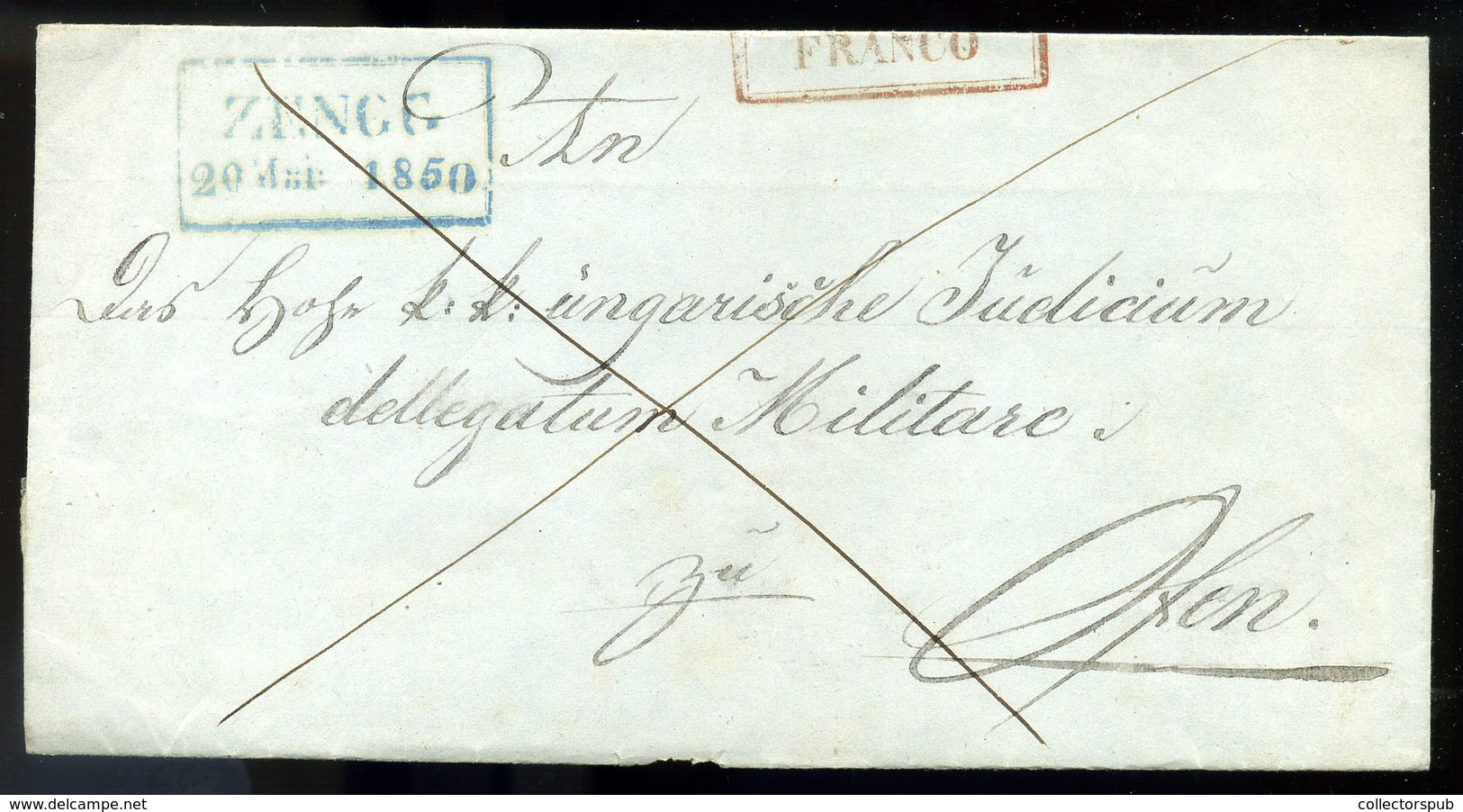 ZENGG 1850. Levél Kék Keretes és Piros "franco" Bélyegzéssel Budára Küldve, érkezési Bélyegzéssel  /  Letter Blue Framed - Croatia