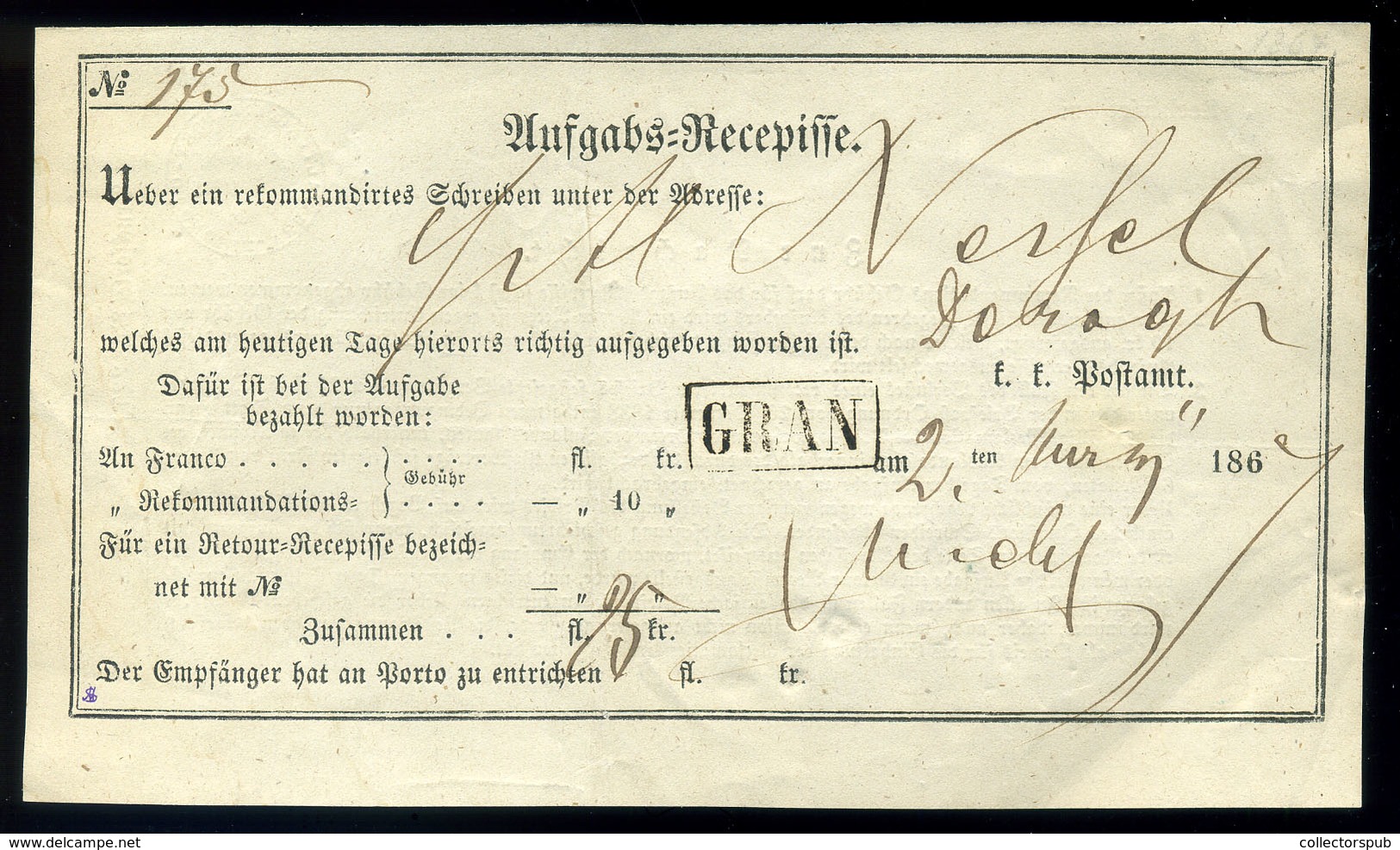 ESZTERGOM 1867. Tértivevény , Keretes "Gran" Bélyegzéssel  /  Return Receipt Framed "Gran" Pmk - ...-1867 Voorfilatelie