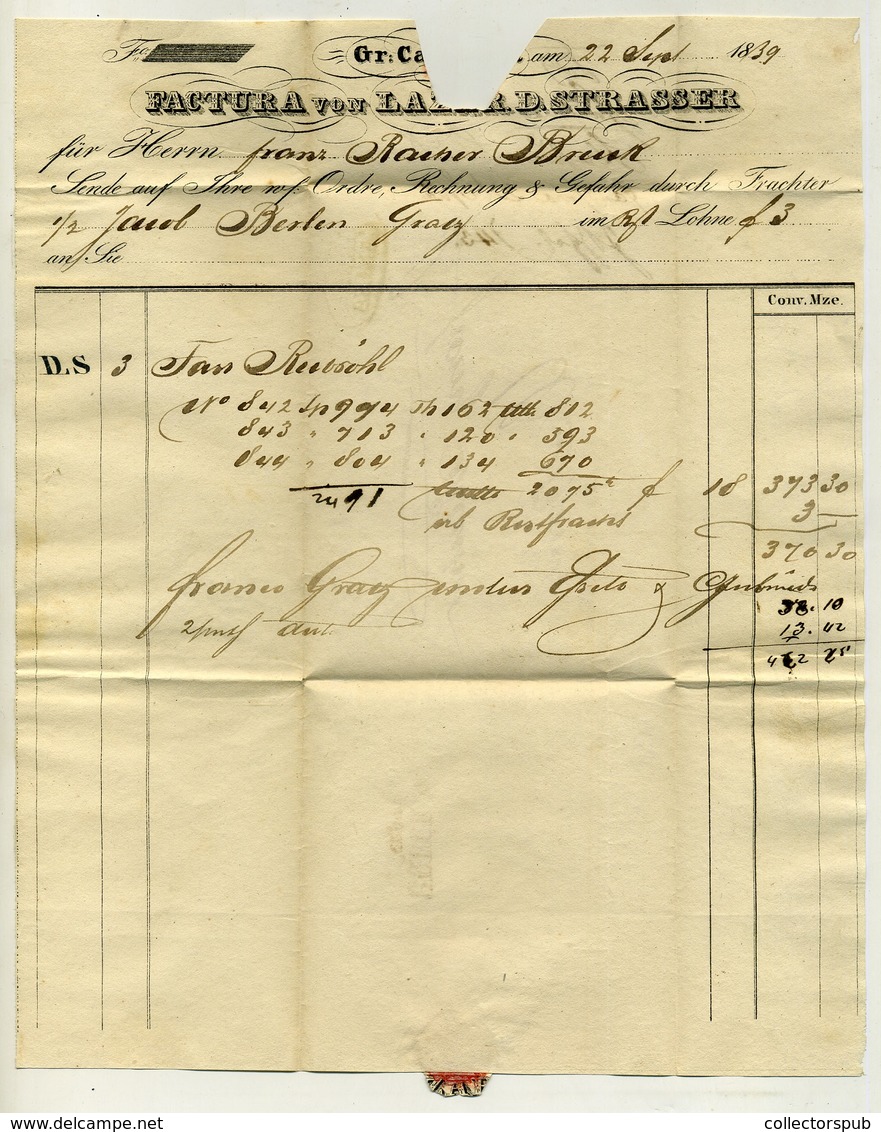 NAGYKANIZSA 1839. Dekoratív Számla Levél, Bruck-ba Küldve, érk. Bélyegzéssel. Jacob Berlin  /  Decorative Bill Letter Ar - ...-1867 Voorfilatelie