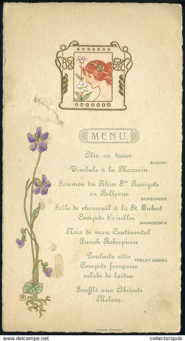 MENÜKÁRTYA 1910. Cca. Temesvár, Szép Szecessziós Dombornyomásos Grafikával    /  MENU CARD Ca 1910 Nice Embossed - Zonder Classificatie