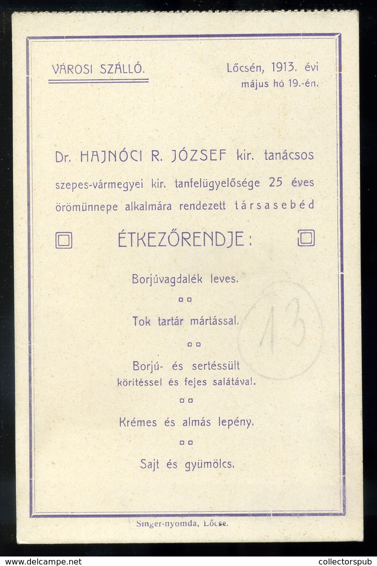 MENÜKÁRTYA , 1913. Losonc, Városi Szálló, Dr Hajnóczy József (Zák Rajmund) Tiszteletére    /  MENU CARD 1913 Losonc City - Zonder Classificatie