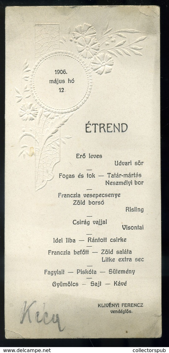 MENÜKÁRTYA , 1906. Budapest, Klivényi Ferenc étterme, Szép Dombornyomás.  /  MENU CARD 1906 Budapest Restaurant Nice Emb - Unclassified