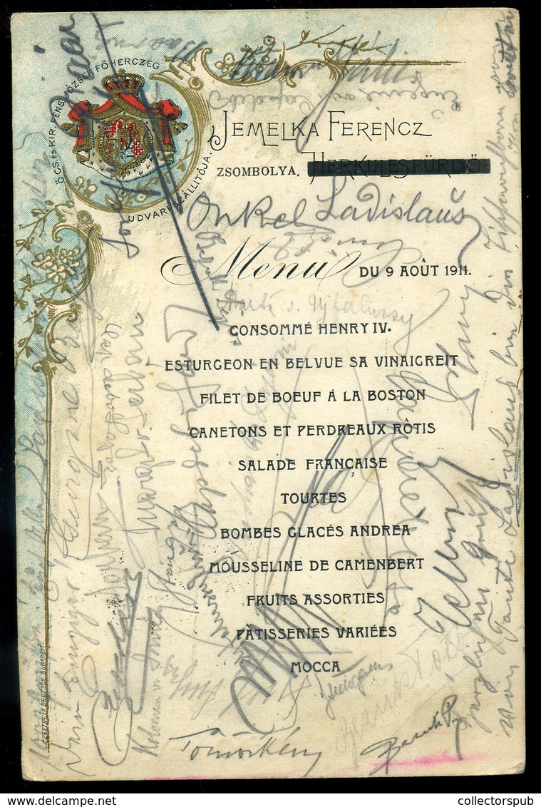 MENÜKÁRTYA , 1911. Zsombolya, Postázott Litho Kártya, Aláírásokkal, Jemelika Ferenc  /  MENU CARD 1911 Mailed Litho Card - Zonder Classificatie