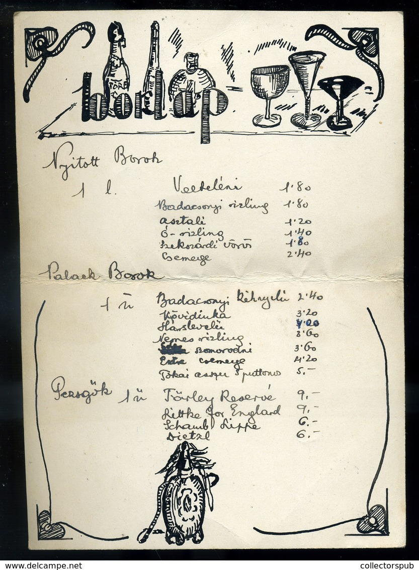 TOLNA 1938. Érdekes, Rajzolt Borlap  TOLNA 1938 Interesting Wine Card - Unclassified