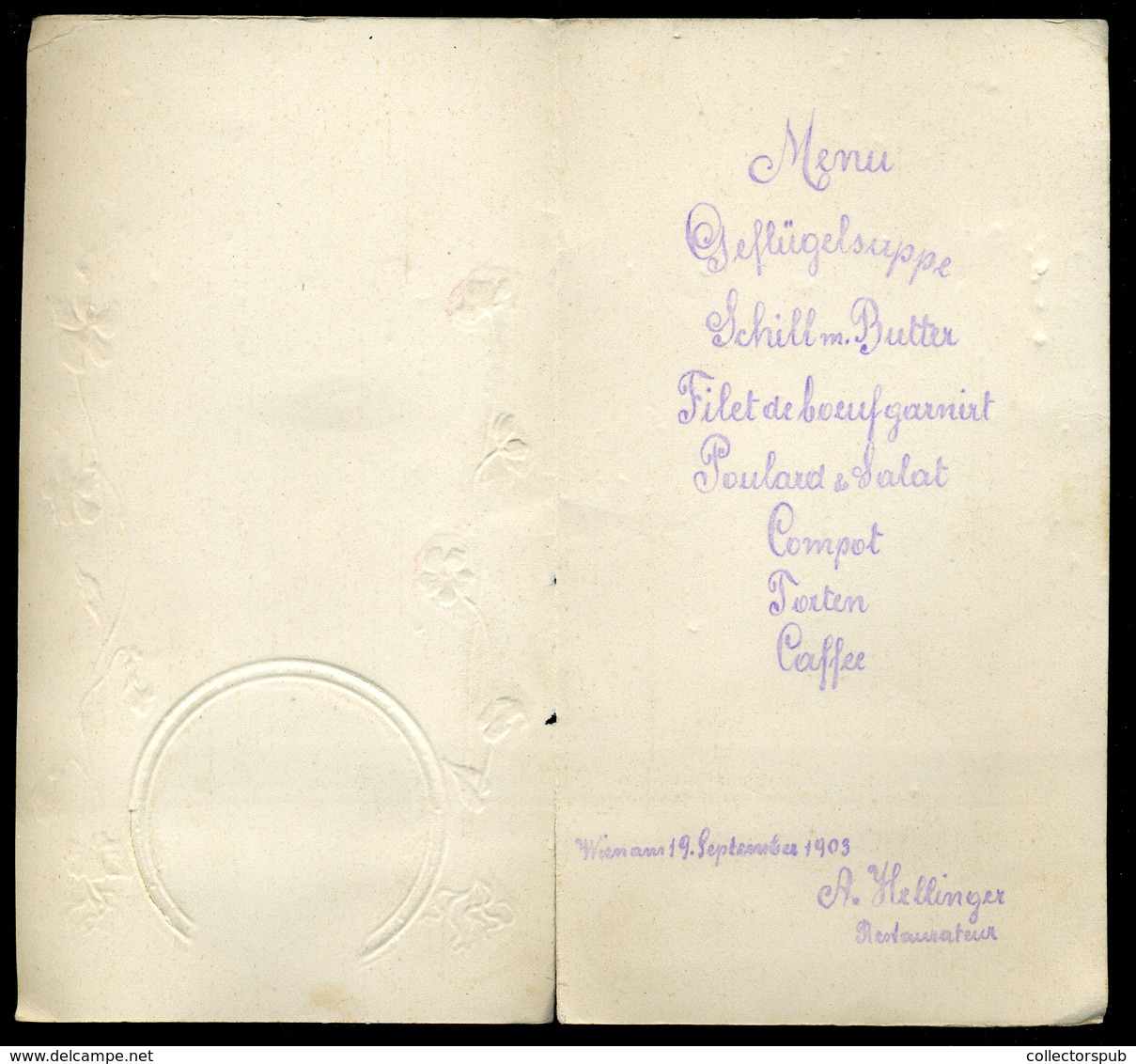 MENÜKÁRTYA , 1903. Bécs , Restaurant Hellinger, Szép Szecessziós Darab!  /  MENU CARD 1903 Vienna Restaurant, Secession - Zonder Classificatie