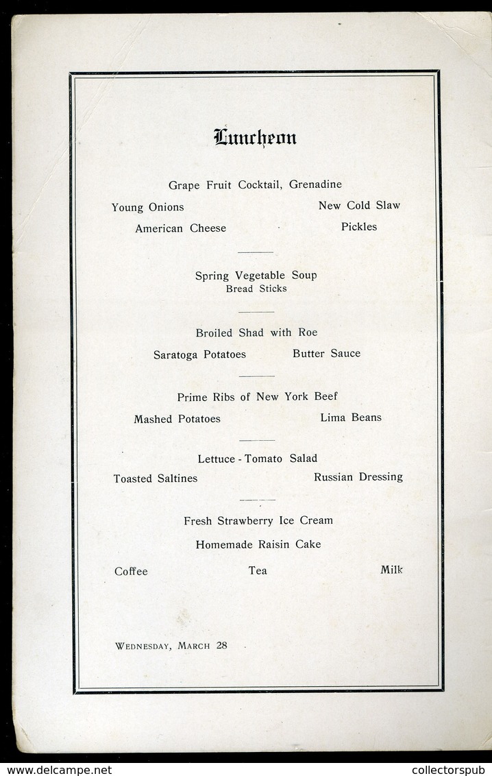 MENÜKÁRTYA , 1928. NEW YORK . Magyar Zarándoklat A Kossuth Emlékmű Leleplezése Alkalmából!   /  MENU CARD 1928 NEW YORK  - Unclassified