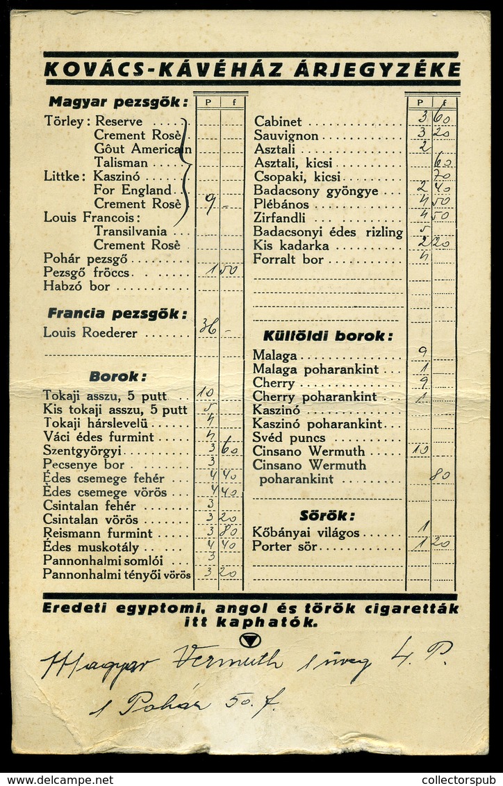 MENÜKÁRTYA , BUDAPEST Kovács Kávéház (Andrássy út) Árjegyzék   /  MENU CARD Kovács Café - Unclassified