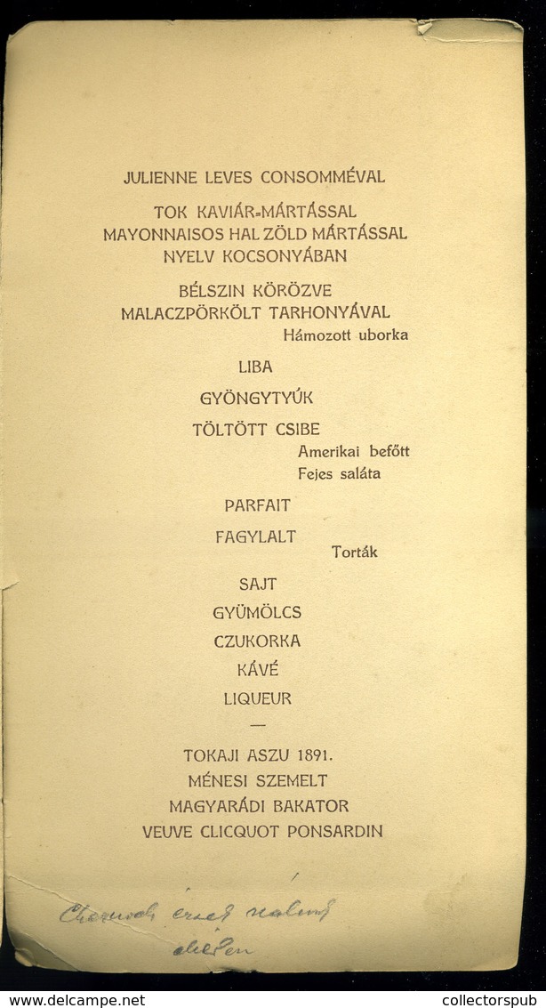 MENÜKÁRTYA , 1912. Temerin  /  MENU CARD 1912 Temerin - Unclassified