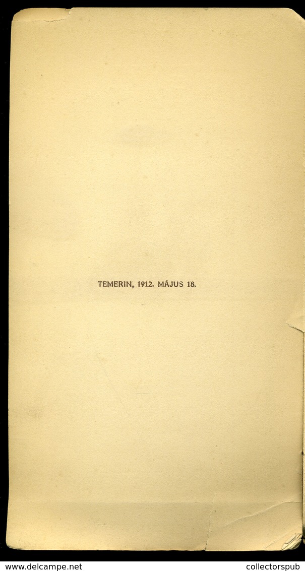 MENÜKÁRTYA , 1912. Temerin  /  MENU CARD 1912 Temerin - Unclassified