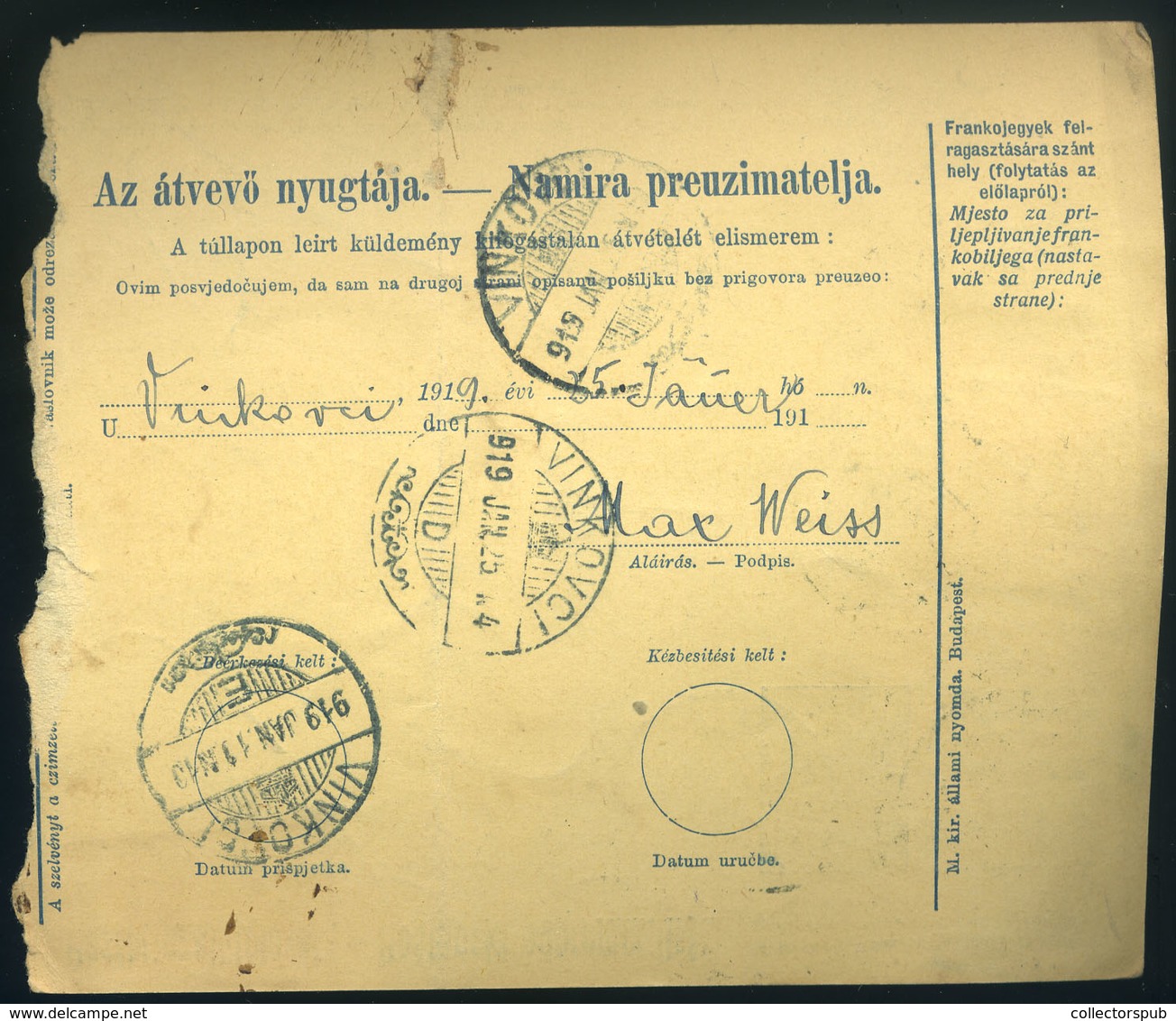 1919. 01. 17. Túlélő Magyar-horvát Kétnyelvű értékcsomag Szállítólevél, SHS  Parlament 80 Fillér Függőleges Pár + Károly - Gebruikt