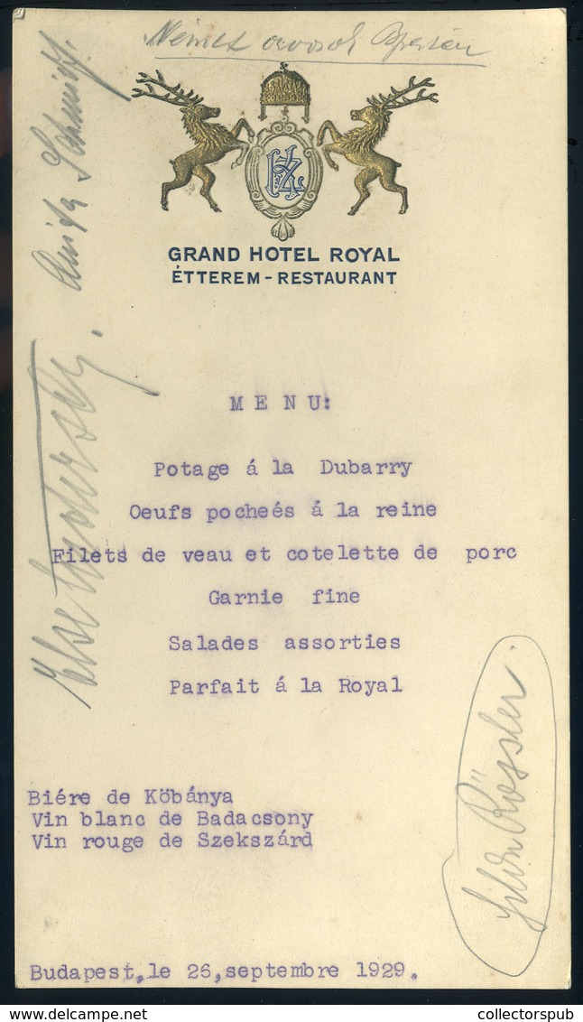 MENÜKÁRTYA 1929. Budapest, Grand Hotel Royal "német Orvosok Budapesten"  /  MENU CARD 1929 Grand Hotel Roy. German Docto - Unclassified