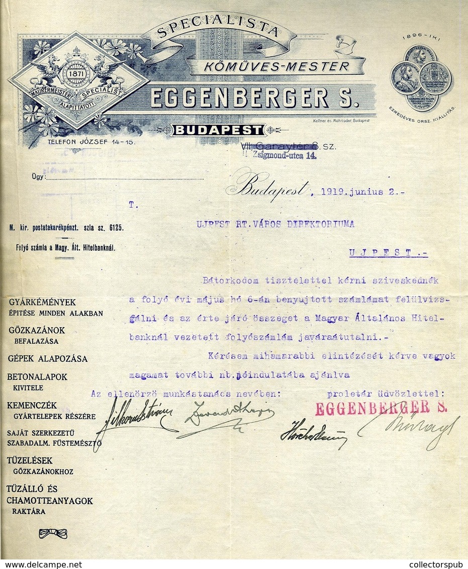BUDAPEST 1919.06. Eggenberger Céges Levél A Tanácsköztársaság Korából , "proletár üdvözlettel"  /  Eggenberger Corp. Let - Zonder Classificatie