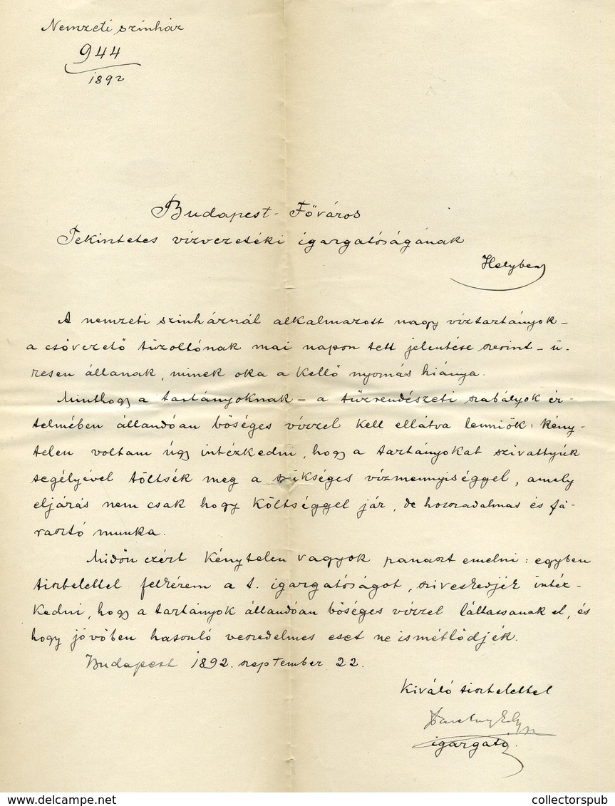 BUDAPEST 1892. Nemzeti Színház , Céges Levél Paulay Ede Igazgató Aláírásával - Unclassified