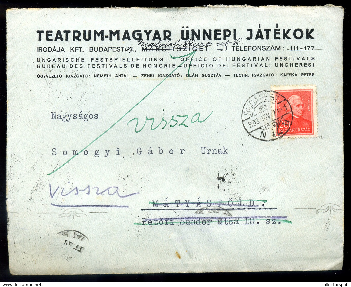 BUDAPEST 1938. Visszaküldött Céges Levél Arcképek 20f  /  Returned Corp. Letter Portraits 20f - Covers & Documents