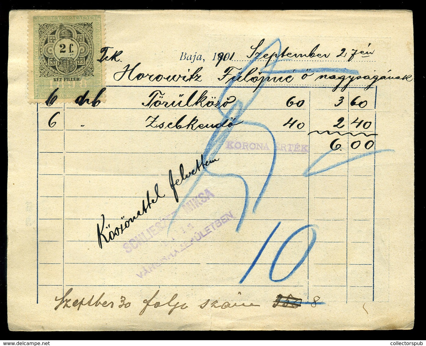 BAJA 1901. Schlieszer Miksa , Dekoratív, Céges Számla  /  1901 Decorative Corp. Bill - Unclassified