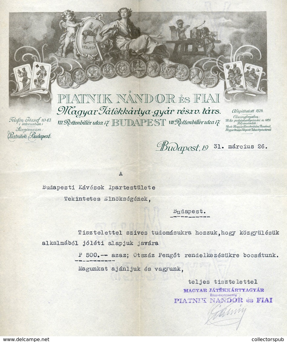 BUDAPEST 1931. Piatnik Játékkártya Gyár, Fejléces, Céges Levél  /  Piatnic Card Factory Letterhead Corp. Letter - Unclassified