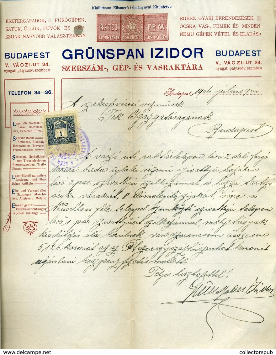 BUDAPEST 1904. Grünspan Izidor, Fejléces, Céges Levél  /  Letterhead Corp. Letter - Unclassified