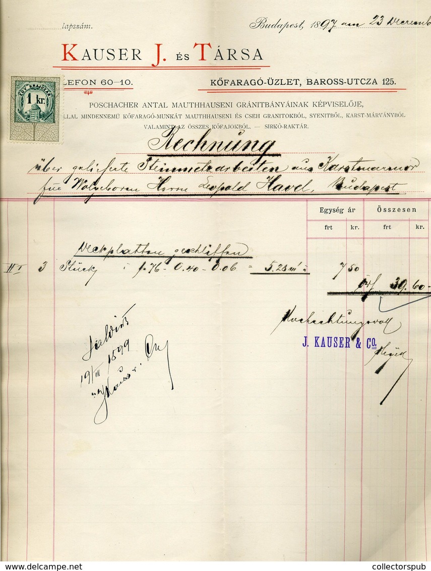 BUDAPEST 1897. Kauser J. és Társa Kőfaragó , Fejléces, Céges Levél  /  Stonemason Letterhead Corp. Letter - Unclassified