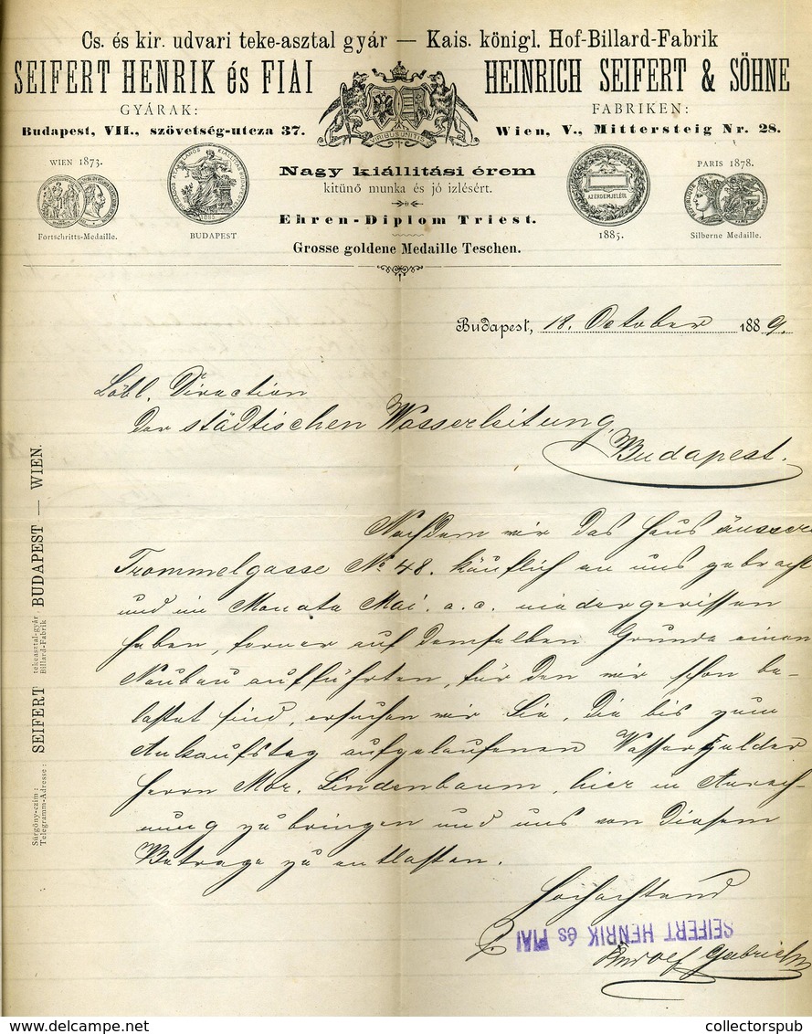 BUDAPEST 1889. Seifert Henrik Tekeasztal Gyár , Fejléces, Céges Levél  /  Bowling Table Factory Letterhead Corp. Letter - Unclassified