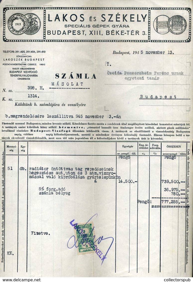 BUDAPEST 1945. Lakos és Székely, XIII: Béke Tér, Fejléces Céges Számla  /  1945 Béke Sq. Letterhead Corp. Bill - Unclassified