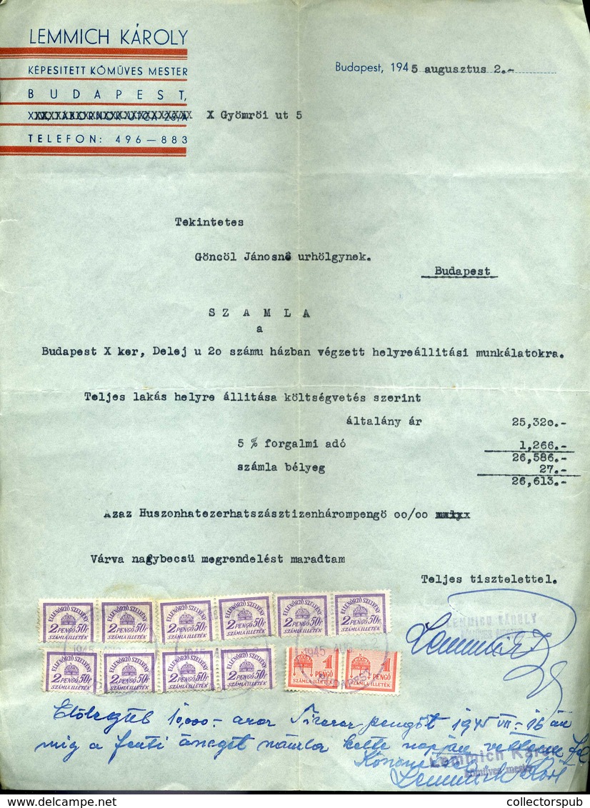 BUDAPEST 1945. Lemmich Károly, X, Győmröi út , Fejléces Cége Számla, Számlailleték Bélyegekkel  /  1945 Gyömrői Rd. Lett - Unclassified