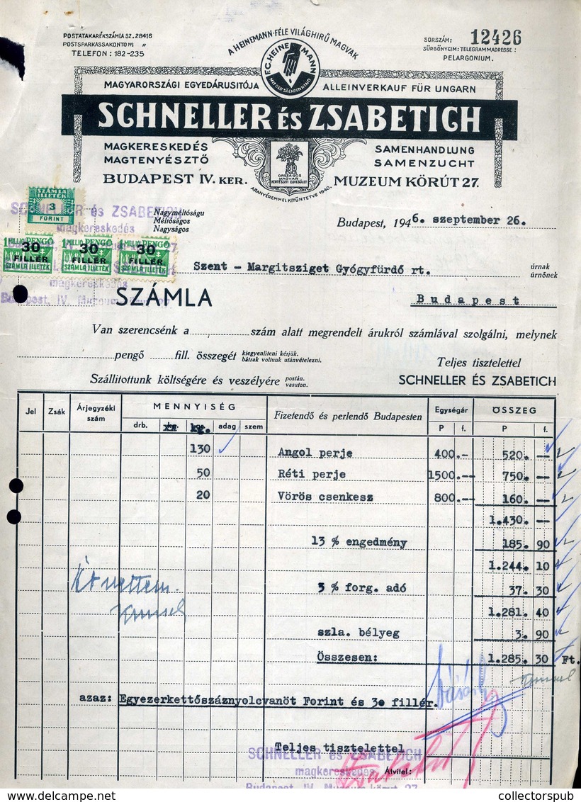 BUDAPEST 1946. Schneller és Zsabetigh Céges Számla Számlailleték Bélyegekkel  /  1946 Corp. Bill Stamp Duty - Covers & Documents