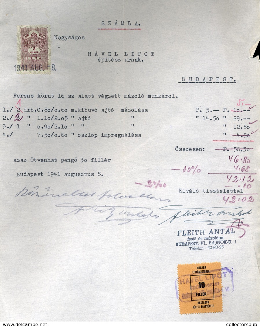 BUDAPEST 1941. Céges Számla, Magyar Építőmesterek Adomány Bélyeggel  /  1941 Corp. Bill Hun. Master  Builders Charity St - Covers & Documents