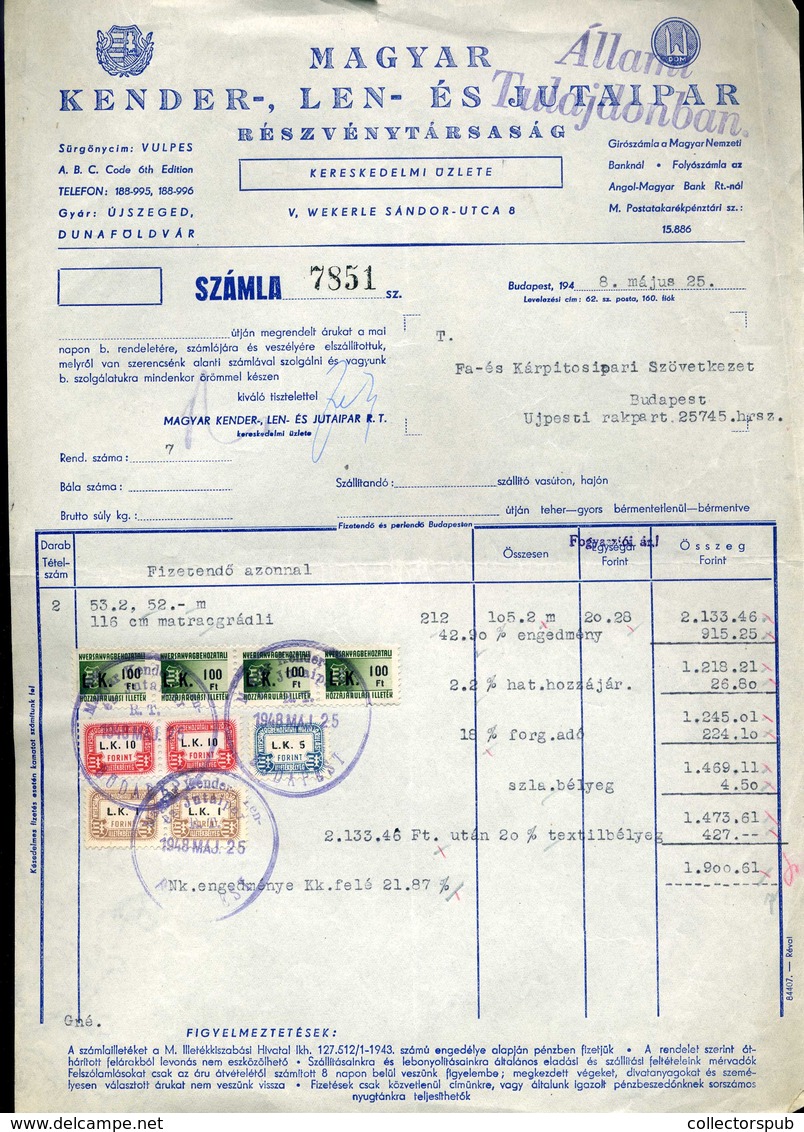 BUDAPEST 1948. 3db Céges Számla Nyersanyagbehozatali Hozzájárulás Illetékbélyegekkel! Ritka Tétel!  /  1948 3 Corp. Bill - Covers & Documents