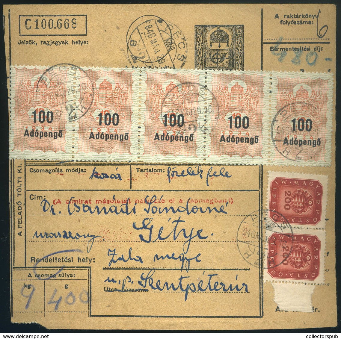 PÉCS 1946.05.29. Inflációs Csomagszállító Gétye-re Küldve  /  1946.05.29. Infl. Parcel P.card To Gétye - Covers & Documents