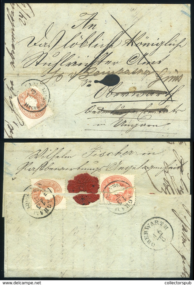 ZÁGRÁB 1862. Levél Előoldali 10Kr + Hátoldali 10+5Kr (szétvágva) , Többszörös Továbbküldéssel  /  ZAGREB 1862 Frontal 10 - Gebruikt