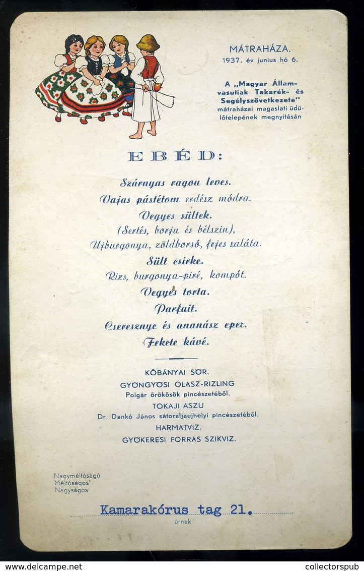 MENÜKÁRTYA , 1937. Mátraháza, Kamarakórus , Aláírásokkal  /  MENU CARD 1937 Mátraháza Camara Choir - Zonder Classificatie