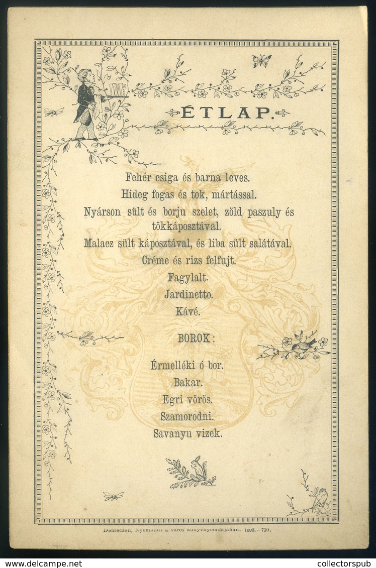 MENÜKÁRTYA 1893. Debrecen  /  MENU CARD - Zonder Classificatie