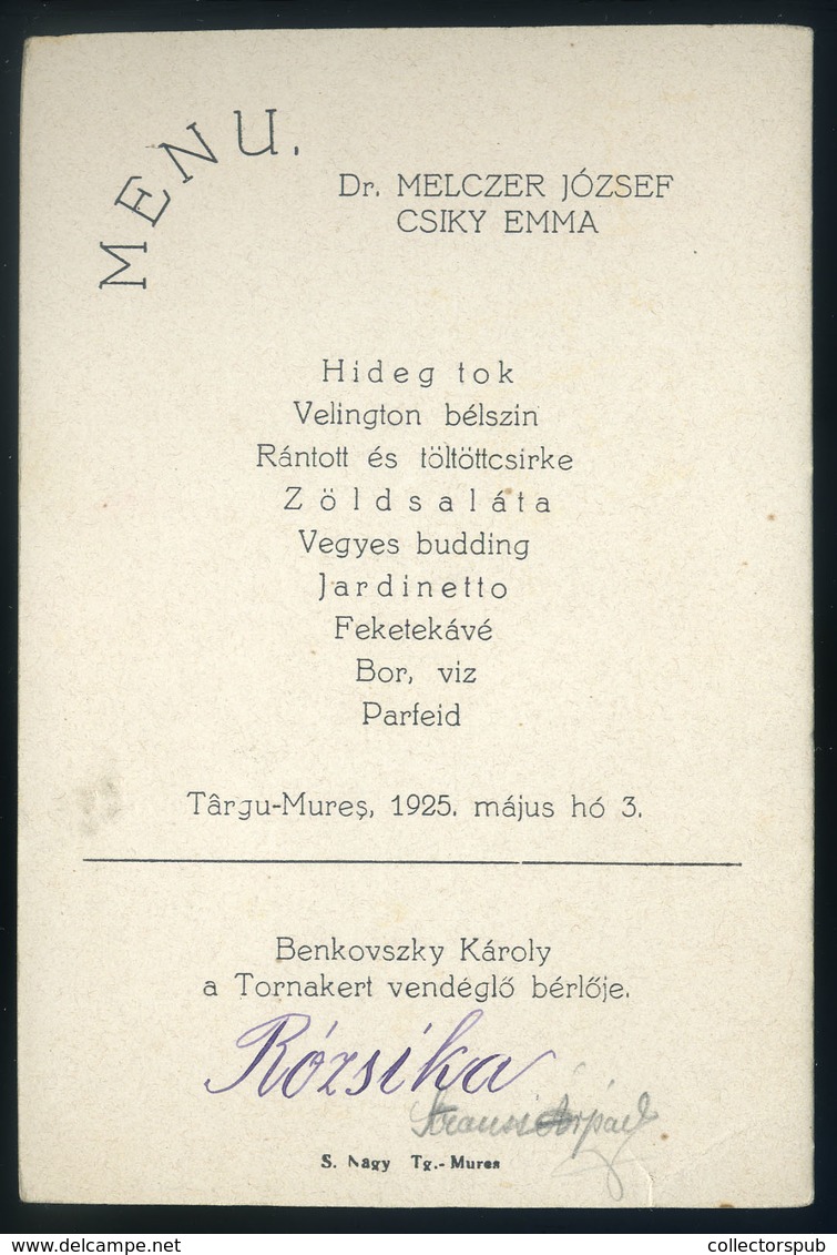 MENÜKÁRTYA 1925. Marosvásárhely,Tornakert Vendéglő  /  MENU CARD 1925 Hotel Gym Garden - Unclassified