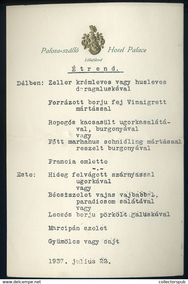 MENÜKÁRTYA 1937. Lillafüred, Palota Szálló  /  MENU CARD 1937 Palace Hotel - Unclassified