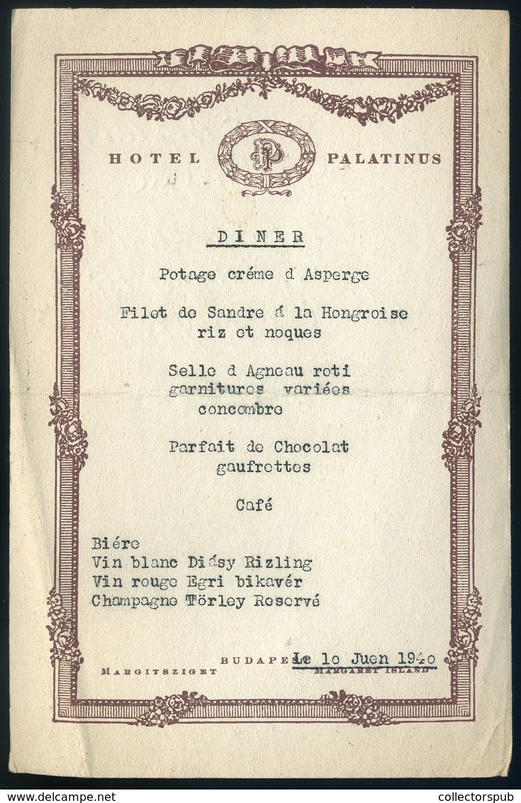 MENÜKÁRTYA 1940. Budapest, Hotel Palatinus  /  MENU CARD - Unclassified