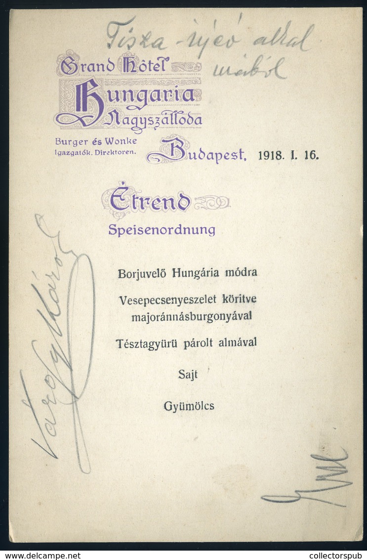 MENÜKÁRTYA 1918 Budapest, Grand Hotel Hungaria "Étrend" A "Tisza újév Alkalmából"   /  MENU CARD 1918 Grand Hotel Hungar - Zonder Classificatie